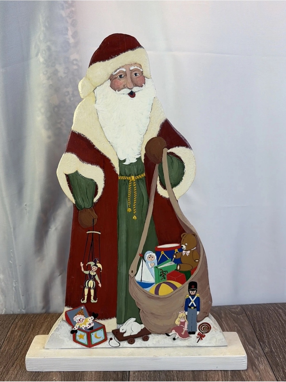 Hand Painted Wooden Santa Claus Folk Art Flat Father Christmas 15” Free Standing
